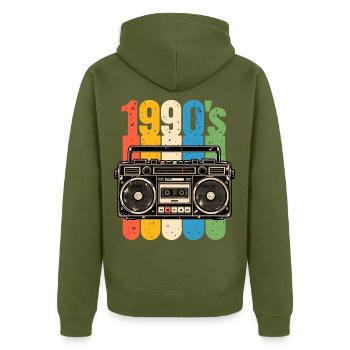 1990er Stereo und Kassetten Nostalgie - Unisex Premium Bio Zip Hoodie - Khaki - Hinten - Nico (187cm)
