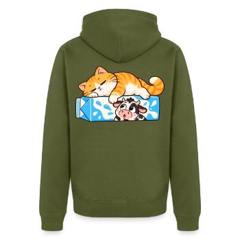 Katze und Kuh - Unisex Premium Bio Zip Hoodie - Khaki - Hinten - Nico (187cm)