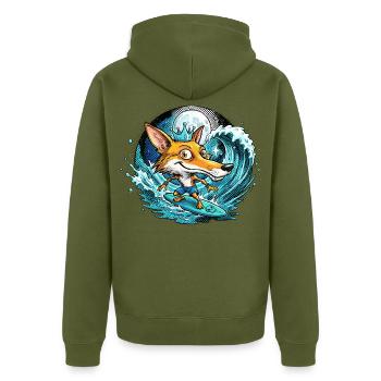 Ein Fuchs, König der Surf-Welle - Unisex Premium Bio Zip Hoodie - Khaki - Hinten - Nico (187cm)