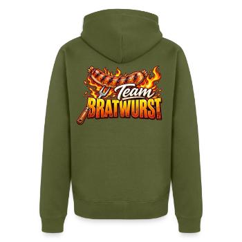 Team Bratwurst Grillhelden - Unisex Premium Bio Zip Hoodie - Khaki - Hinten - Nico (187cm)