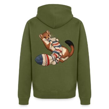 Hermelin ringt mit einer wolligen Socke - Unisex Premium Bio Zip Hoodie - Khaki - Hinten - Nico (187cm)
