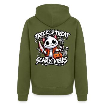 HALLOWEEN-KATZE – SÜSSES ODER SAURES. - Unisex Premium Bio Zip Hoodie - Khaki - Hinten - Nico (187cm)