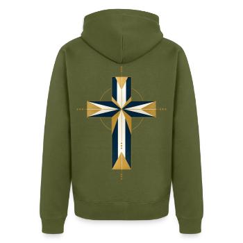 Geometrisches Kreuzstern-Muster - Unisex Premium Bio Zip Hoodie - Khaki - Hinten - Nico (187cm)