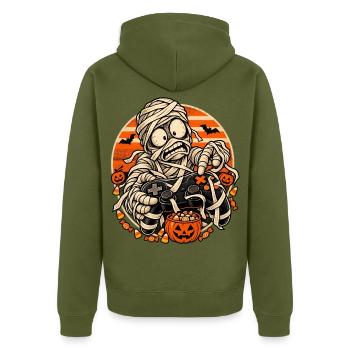Halloween-Mumien-Gamer vor Retro-Sonne - Unisex Premium Bio Zip Hoodie - Khaki - Hinten - Nico (187cm)