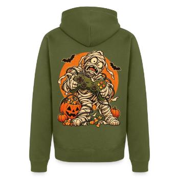 Halloween-Mumie Gamer mit Kabelsalat - Unisex Premium Bio Zip Hoodie - Khaki - Hinten - Nico (187cm)