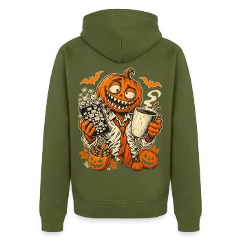 Halloween-Kürbisbürohengst im E-Mail-Chaos - Unisex Premium Bio Zip Hoodie - Khaki - Hinten - Nico (187cm)