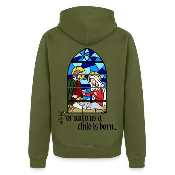 Denn uns ist ein Kind geboren - Unisex Premium Bio Zip Hoodie - Khaki - Hinten - Nico (187cm)
