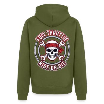Full Throttle – Skull Biker Badge Ride or Die - Unisex Premium Bio Zip Hoodie - Khaki - Hinten - Nico (187cm)