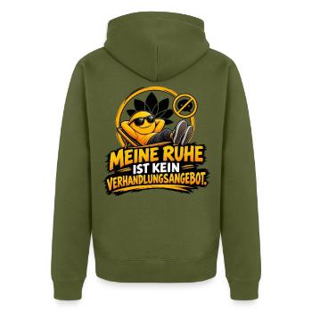 RUHE IST KEIN VERHANDLUNGSANGEBOT - Unisex Premium Bio Zip Hoodie - Khaki - Hinten - Nico (187cm)