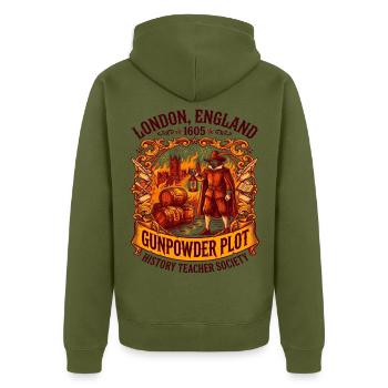 London England 1605 Gunpowder Plot History - Unisex Premium Bio Zip Hoodie - Khaki - Hinten - Nico (187cm)