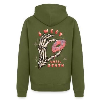 Skelett Hand Totenkopf Spruch Sweet  - Unisex Premium Bio Zip Hoodie - Khaki - Hinten - Nico (187cm)