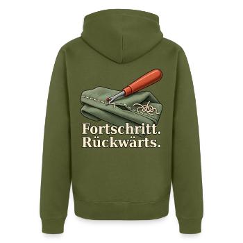 Fortschritt. Rückwärts. – Nähhumor mit Nahttrenner - Unisex Premium Bio Zip Hoodie - Khaki - Hinten - Nico (187cm)