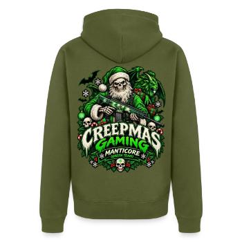 Creepmass Gaming: Manticore Green Team - Unisex Premium Bio Zip Hoodie - Khaki - Hinten - Nico (187cm)