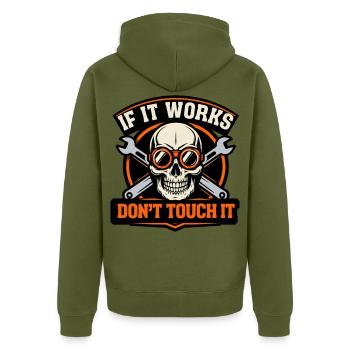 Wenn es funktioniert, fass es nicht an. - Unisex Premium Bio Zip Hoodie - Khaki - Hinten - Nico (187cm)