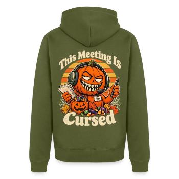 Halloween Kürbis This Meeting Is Cursed Bürospaß - Unisex Premium Bio Zip Hoodie - Khaki - Hinten - Nico (187cm)