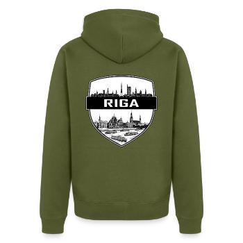 Riga, Lettlands Schildwappen Haus der Schwarzen Köpfe - Unisex Premium Bio Zip Hoodie - Khaki - Hinten - Nico (187cm)
