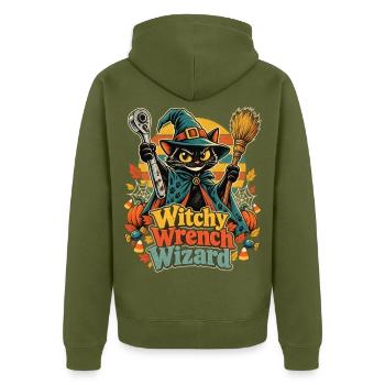 Halloween Hexenkatze Mechaniker Wizard - Unisex Premium Bio Zip Hoodie - Khaki - Hinten - Nico (187cm)