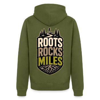 ROOTS ROCKS MILES - Unisex Premium Bio Zip Hoodie - Khaki - Hinten - Nico (187cm)