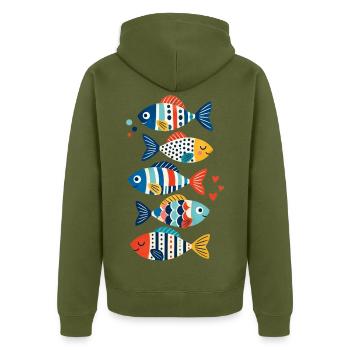 Geometrischer Regenbogenfisch - Unisex Premium Bio Zip Hoodie - Khaki - Hinten - Nico (187cm)