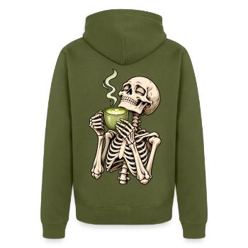 Halloween Skelett mit Matcha Latte – Spooky Tea Ti - Unisex Premium Bio Zip Hoodie - Khaki - Hinten - Nico (187cm)