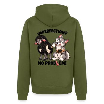 Schaf und Wolf – Unvollkommenheit? Kein Problem! - Unisex Premium Bio Zip Hoodie - Khaki - Hinten - Nico (187cm)