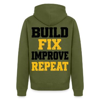 Wiederholen Schablone fett gelb - Unisex Premium Bio Zip Hoodie - Khaki - Hinten - Nico (187cm)