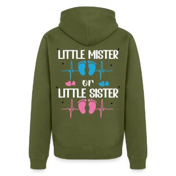 Little Mister Or Little Sister Baby-Geschlechtsenthüllung - Unisex Premium Bio Zip Hoodie - Khaki - Hinten - Nico (187cm)