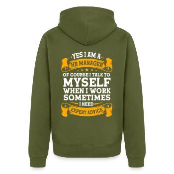 HR Manager - Unisex Premium Bio Zip Hoodie - Khaki - Hinten - Nico (187cm)