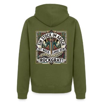 Ein_stock_im_Arsch_ist_noch_lange_kein_Rueckgra - Unisex Premium Bio Zip Hoodie - Khaki - Hinten - Nico (187cm)