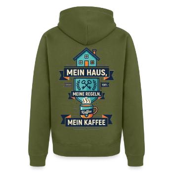 Mein_Haus-_meine_Regeln-_mein_Kaffee_-_1 - Unisex Premium Bio Zip Hoodie - Khaki - Hinten - Nico (187cm)