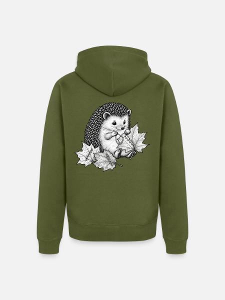 Süßer Igel näht Herbstblätter - Unisex Premium Bio Zip Hoodie - Khaki