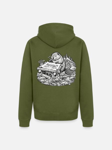 Beaver Architekt entwirft einen Walddamm - Unisex Premium Bio Zip Hoodie - Khaki