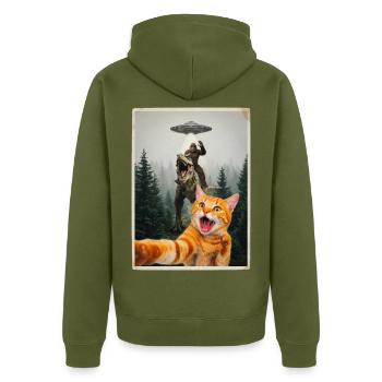 Rote Katze Selfie mit Waldmensch, Dino und UFO - Unisex Premium Bio Zip Hoodie - Khaki - Hinten - Nico (187cm)