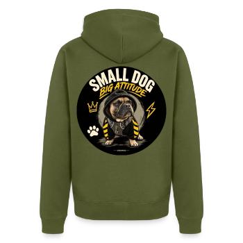 Small Dog, Big Attitude – Bulldogge | ODDROO - Unisex Premium Bio Zip Hoodie - Khaki - Hinten - Nico (187cm)