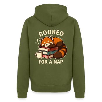 Für ein Nickerchen gebucht – Red Panda and Books - Unisex Premium Bio Zip Hoodie - Khaki - Hinten - Nico (187cm)