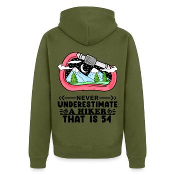 54 Jahre - Berg Wandern Bergsteigen - Unisex Premium Bio Zip Hoodie - Khaki - Hinten - Nico (187cm)