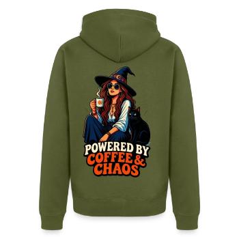 Kaffee Chaos Boho-Girl & Katze - Unisex Premium Bio Zip Hoodie - Khaki - Hinten - Nico (187cm)
