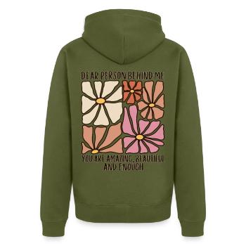 Dear Person Behind Me – Selbstliebe Retro Blumen - Unisex Premium Bio Zip Hoodie - Khaki - Hinten - Nico (187cm)