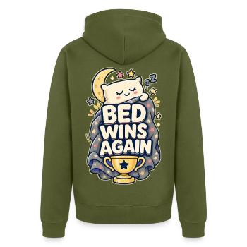 BED WINS AGAIN Nickerchen - Unisex Premium Bio Zip Hoodie - Khaki - Hinten - Nico (187cm)