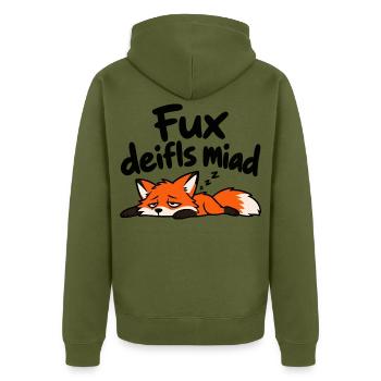 Fux deifls miad – Lustiger müder Fuchs - Unisex Premium Bio Zip Hoodie - Khaki - Hinten - Nico (187cm)