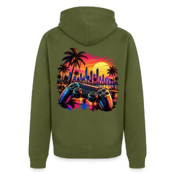 Sonnenuntergang mit Gamecontroller - Gamer Motiv - Unisex Premium Bio Zip Hoodie - Khaki - Hinten - Nico (187cm)