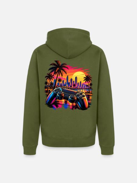Sonnenuntergang mit Gamecontroller - Gamer Motiv - Unisex Premium Bio Zip Hoodie - Khaki