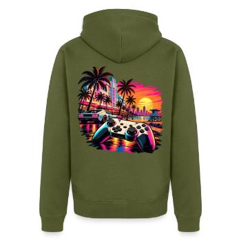 Miami Skyline Gamer Motiv - Geschenk für Gamer - Unisex Premium Bio Zip Hoodie - Khaki - Hinten - Nico (187cm)