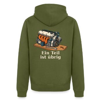Ein Teil ist übrig – Schrauberhumor - Unisex Premium Bio Zip Hoodie - Khaki - Hinten - Nico (187cm)