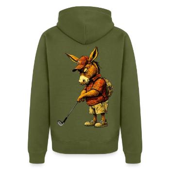 Esel Golfer / Golf Esel - Unisex Premium Bio Zip Hoodie - Khaki - Hinten - Nico (187cm)