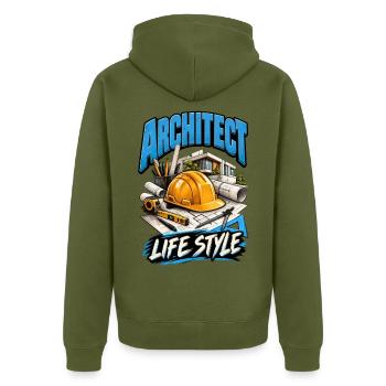 Lebensstil eines Architekten - Unisex Premium Bio Zip Hoodie - Khaki - Hinten - Nico (187cm)