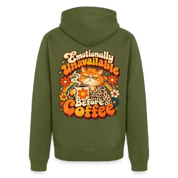 Kaffee-Katze: Emotional Unverfügbar - Unisex Premium Bio Zip Hoodie - Khaki - Hinten - Nico (187cm)