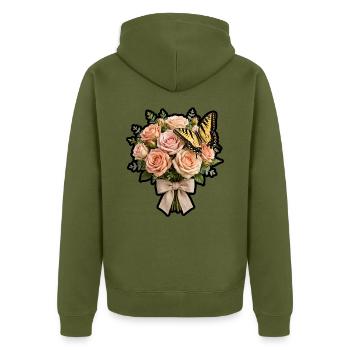 Pfirsichrosen mit Schmetterling - Unisex Premium Bio Zip Hoodie - Khaki - Hinten - Nico (187cm)