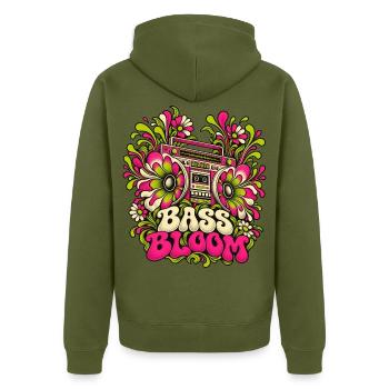 Bass Bloom Neon-Blüten Boombox - Unisex Premium Bio Zip Hoodie - Khaki - Hinten - Nico (187cm)