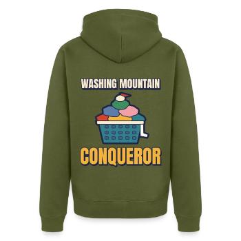 Mountain Conqueror Funny Wäsche-T-Shirt waschen - Unisex Premium Bio Zip Hoodie - Khaki - Hinten - Nico (187cm)